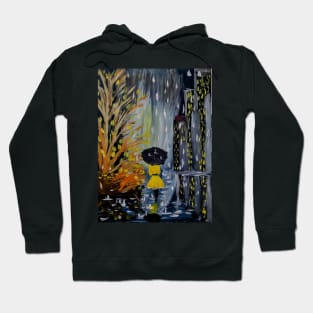 Lady enjoying walking through the city at night while it's raining. Hoodie